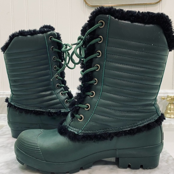 HUNTER ORIGINAL GENUINE SHEARLING & PATENT LEATHER LACE-UP RAIN BOOT Size 7 - Picture 4 of 10
